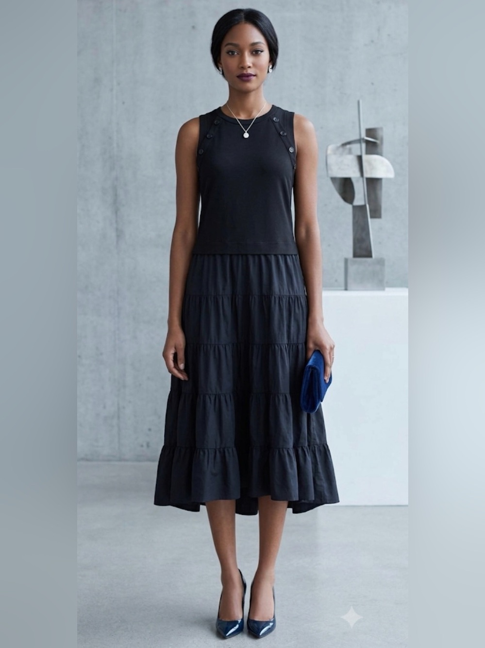 Nicole Miller Sleeveless Black Tiered Midi Dress with Button Detail